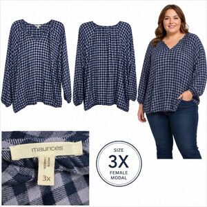 Maurices Gingham Blouse 3X Blue V-Neck